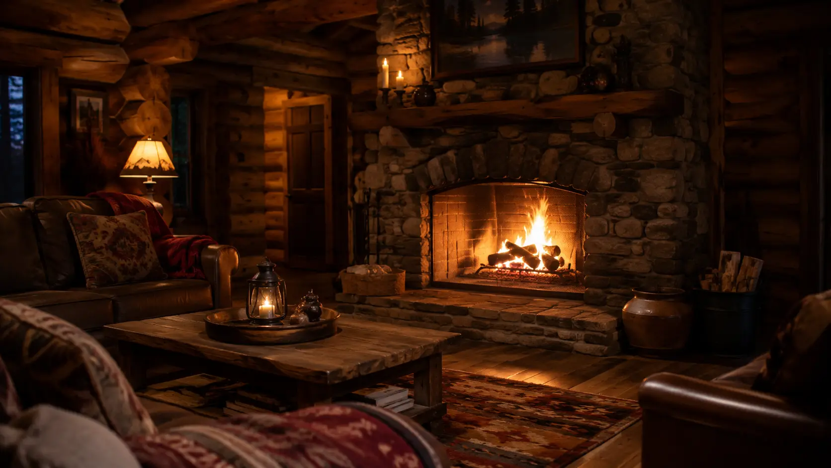 A wood fire burning low in a stone hearth