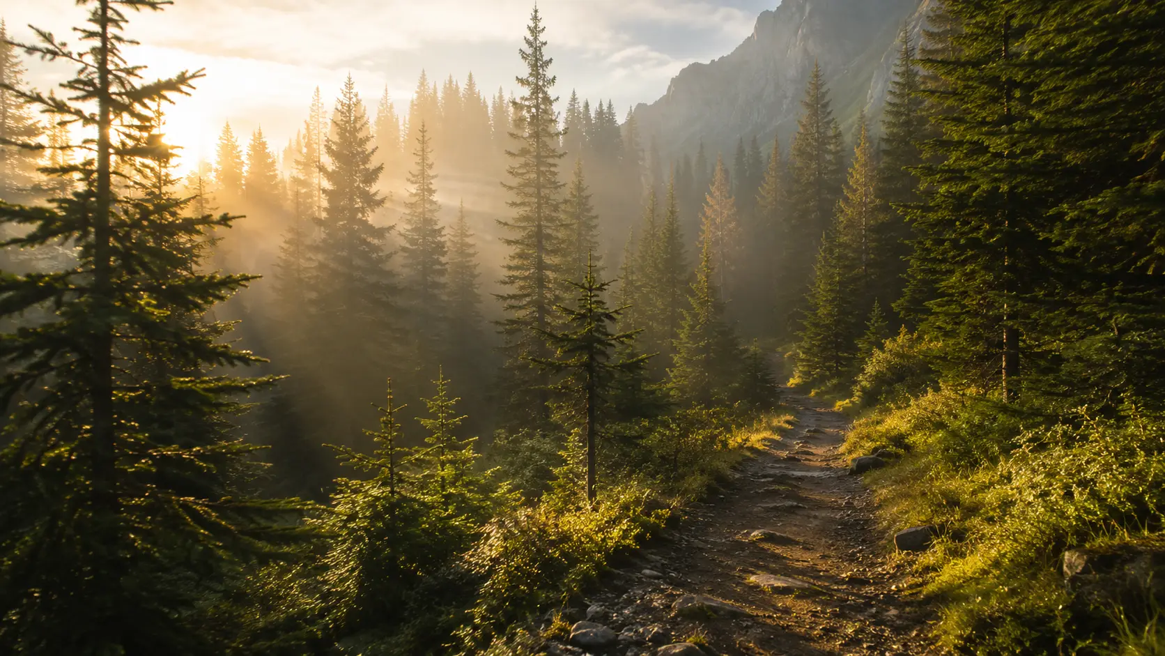 A trail disappearing into mist between old spruce