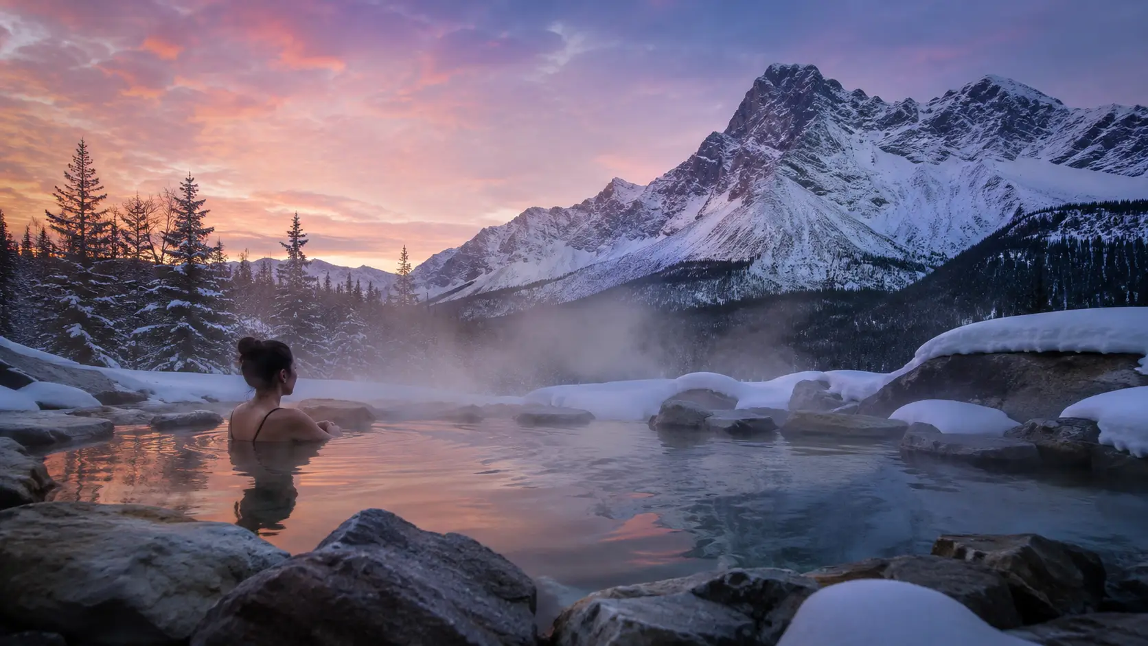 Steam rising off a warm spring with snow on the far bank