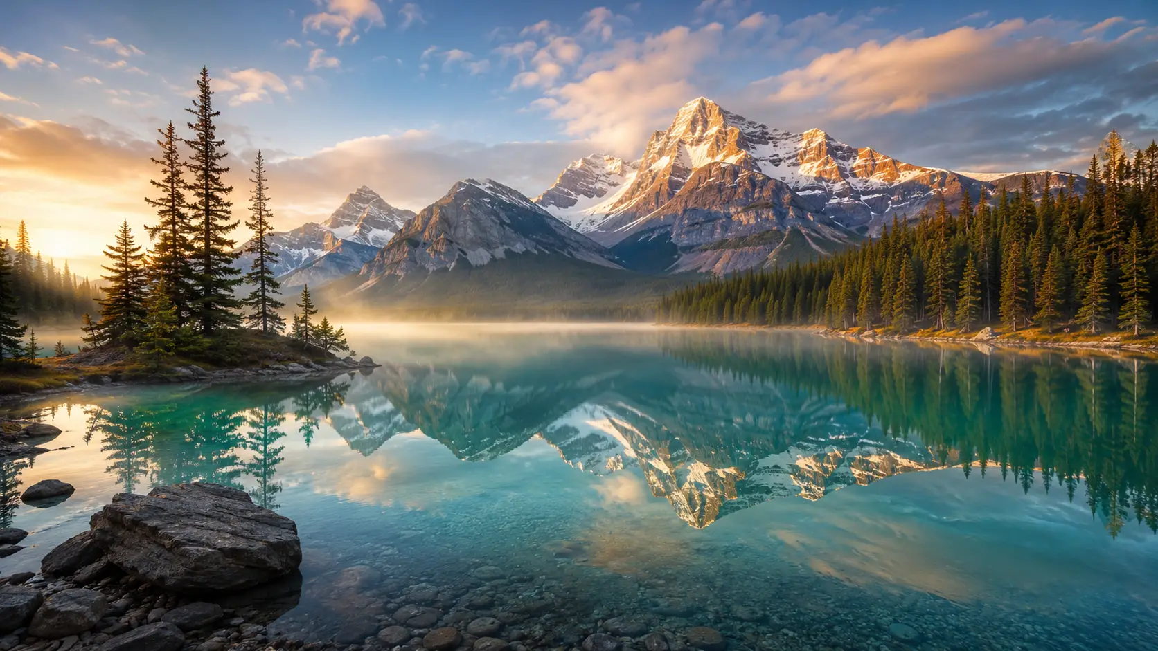 A still alpine lake holding the reflection of the peaks at dawn
