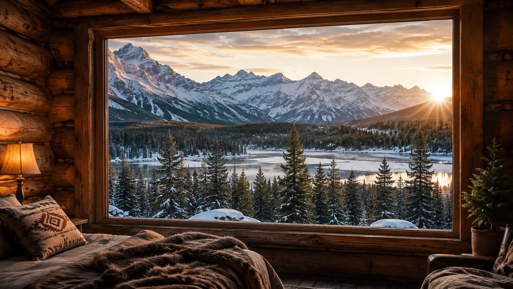 The valley framed by a wide cabin window, peaks catching the last light